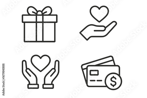 Gift charity donation payment icons set. Outline vector illustration for financial services, online fundraising, nonprofit, crowdfunding, web design, apps, giving, help, love, money, finance