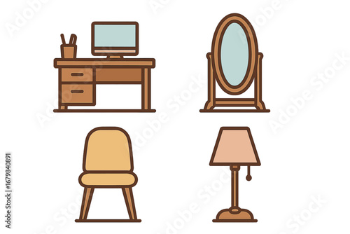 Furniture icon set for interior design. Home decor and office elements. Vector outline icons of a workplace desk, computer, chair, floor mirror, and table lamp collection.