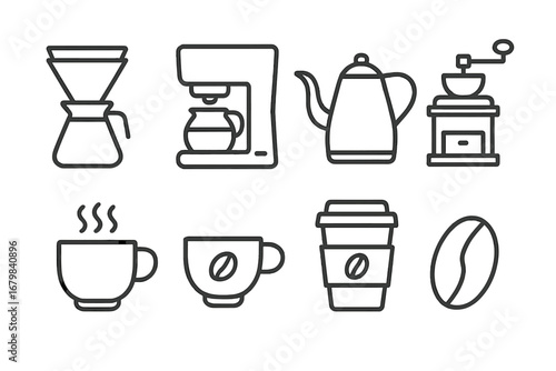 Coffee equipment outline icon set. Vector line art illustration of coffee making accessories. Includes brewer, grinder, cup, kettle, pot, bean, and mug. Barista tools symbols.