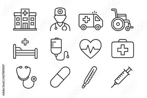 Hospital and medicine simple line icons collection. Healthcare vector symbols. Doctor, ambulance, first aid, syringe, pill, wheelchair. Editable stroke for web and apps.