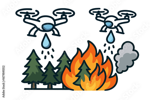 Drones firefighting a wildfire. Unmanned aerial vehicle dropping water on a forest fire. Emergency response operation for climate change disaster. Nature protection concept.