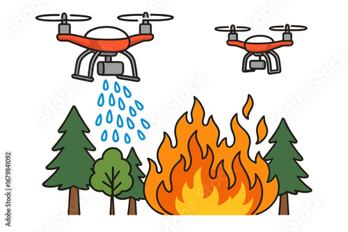 Drones assist in wildfire management. UAVs dropping water on burning forests. Firefighting technology in efficient response operation. Vector cartoon illustration concept.