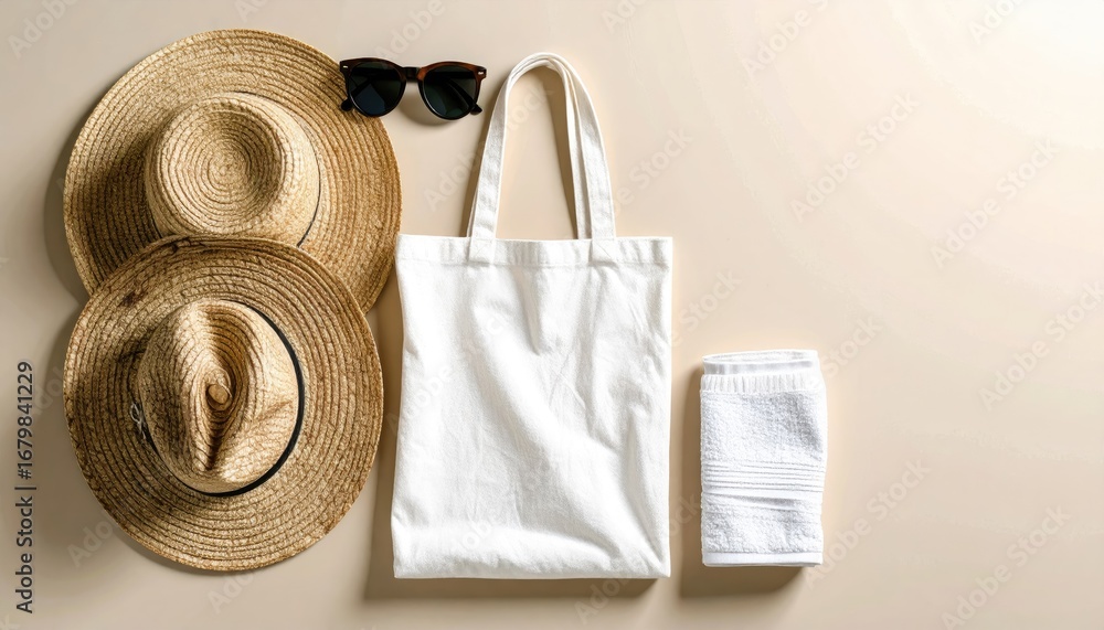 Summer Beach Accessories Flatlay: Straw Hats Sunglasses Tote Bag and Towel