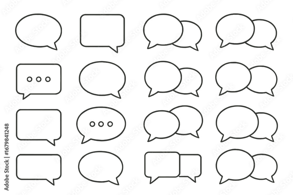 Fototapeta premium Speech bubble icon set. Line art for chat, talking, conversation, and dialogue. Communication symbols for messages, comments, quotes, social media, and forums. Editable stroke.