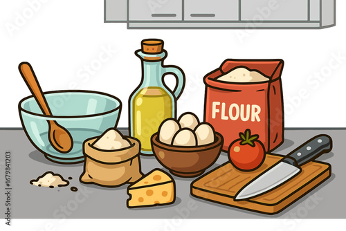 Cooking ingredients for a homemade recipe on a kitchen tabletop. Vector cartoon of flour, eggs, oil, cheese, and tomato for preparing pasta, pizza, or baking dough.