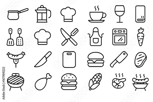 Cooking line icon set. Kitchen, food, restaurant, BBQ, and grill outline pictograms. Vector symbols for chef, culinary, menu design, web, and apps. Editable stroke.