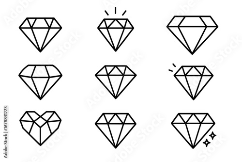 Diamond line icon set. Gemstone and jewel outline symbols. Vector collection of precious crystal graphics for luxury, wealth, and jewelry design. Heart shape and sparkling elements.