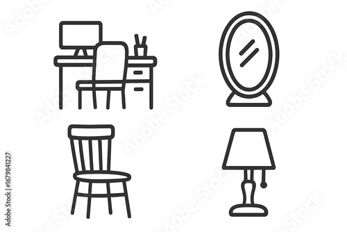 Furniture line icon set for home and office interior design. Simple vector signs collection with workplace, desk, computer, chair, mirror, and table lamp for room decor concepts.