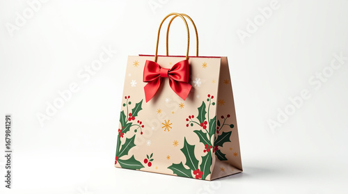 Festive christmas gift bag isolated on white background, adorned with a red bow and holly pattern, perfect for holiday shopping and present giving during the christmas season