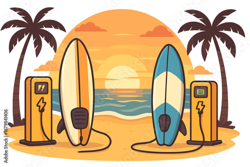 Electric surfboards at charging stations on a tropical beach at sunset. Vector cartoon of e-surfboards, sustainable technology, and modern summer water sports concept.