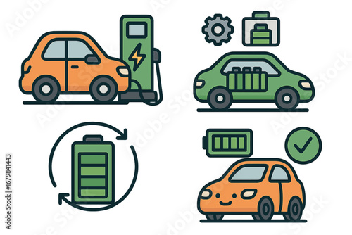 Electric vehicle charging process icon set. EV at charging station, battery management, power and recycling. Green energy, eco transport vector cartoon illustration concept.
