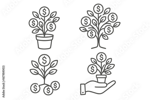 Money tree line icon collection. Financial growth, investment, savings, and wealth concept. Business success, ROI, profit, and passive income. Editable stroke vector.
