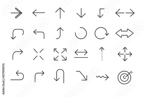Arrow thin line icon set. Vector outline arrows signs for web design, apps, and user interface. Direction, navigation, cursor, pointer, refresh, and download symbols.
