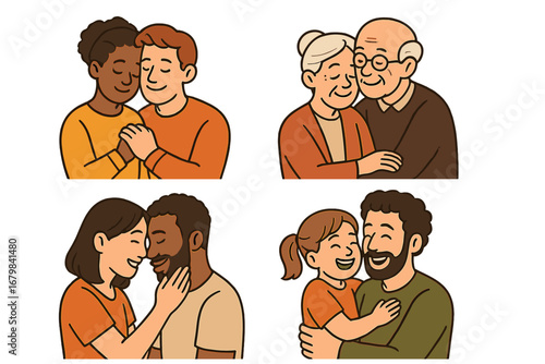 Set of diverse couples and family expressing love. Interracial couple, senior partners, father and daughter hugging. Vector cartoon illustrations of connection, joy and tenderness.