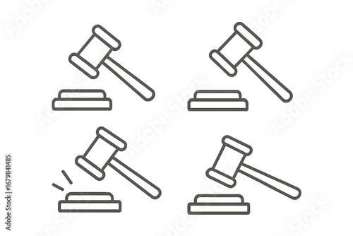 Judicial gavel line icon set for justice, law, and auction concepts. Judge hammer for court verdict, decision, or sentence. Authority and order symbol. Editable stroke vector.