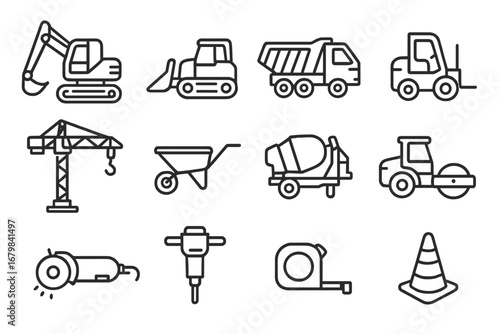 Construction equipment line icon set. Heavy machinery, tools, and vehicle symbols. Vector collection with excavator, bulldozer, truck, crane, forklift, and concrete mixer.