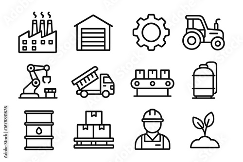 Industry and Agriculture Line Icons Collection. Factory, Warehouse, Gear, Farming and Machinery Outline Vector Set for Graphic Design, Web Applications, Advertising, Cards and Print Media Concepts