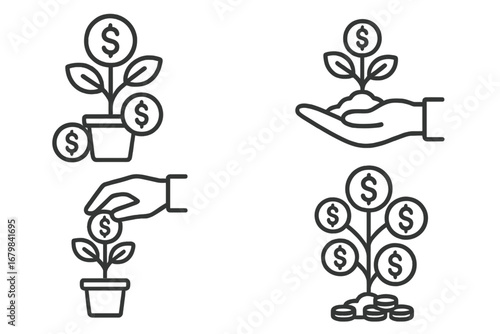 Money tree line icon set. Financial growth, investment, savings concept. Vector illustrations of hand planting coin, nurturing finance for profit, wealth, income, business success.
