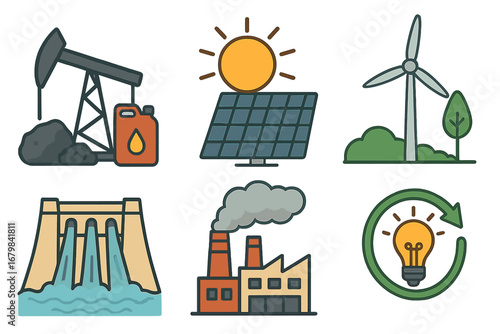Energy sources icon set. Fossil fuels and renewable power generation. Solar panel, wind turbine, hydroelectric dam, oil rig, factory pollution. Eco friendly vs industrial.
