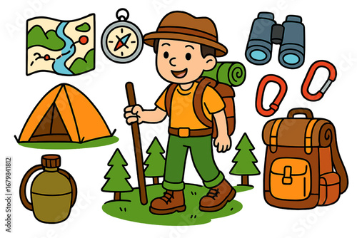 Hiking boy cartoon character with outdoor adventure and camping equipment set. Vector illustration of explorer with map, compass, tent, backpack, and nature elements for travel.