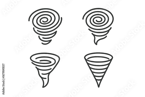 Vortex funnel tornado icon set. Modern outline style vector symbols. Abstract spiral, cyclone, twister & whirlpool shapes. For weather apps, data funnels, logos or design.