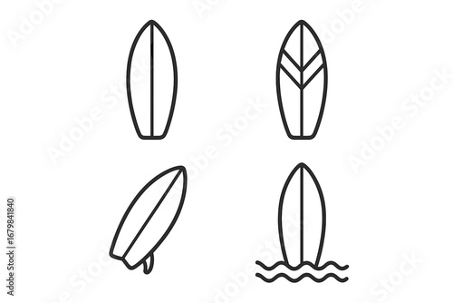 Surfing board line icon set. Water sport equipment for summer vacation. Vector graphic elements of various surfboards for UI, web design, apps. Editable stroke pictogram.