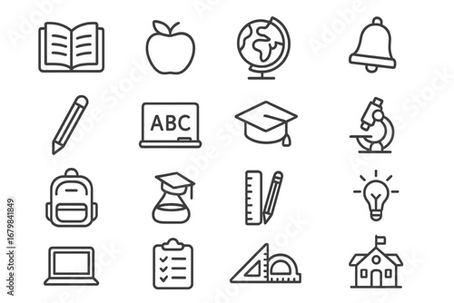 Education linear icon set. Back to school, university, and learning outline pictograms. Study tools, knowledge symbols, graduation cap, book, science vector elements.