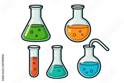 Chemistry lab equipment set. Cartoon vector icons of flasks, test tube with colorful bubbling liquids. Science experiment, research, pharmacy or education concept isolated.