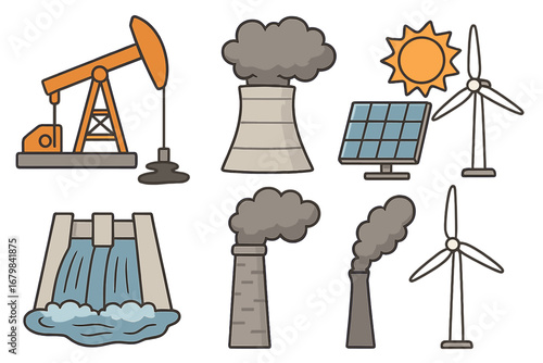 Vector icon set of energy sources. Renewable green power like solar, wind, and hydro versus fossil fuel and nuclear pollution. Industrial factory smoke. Climate change concept.