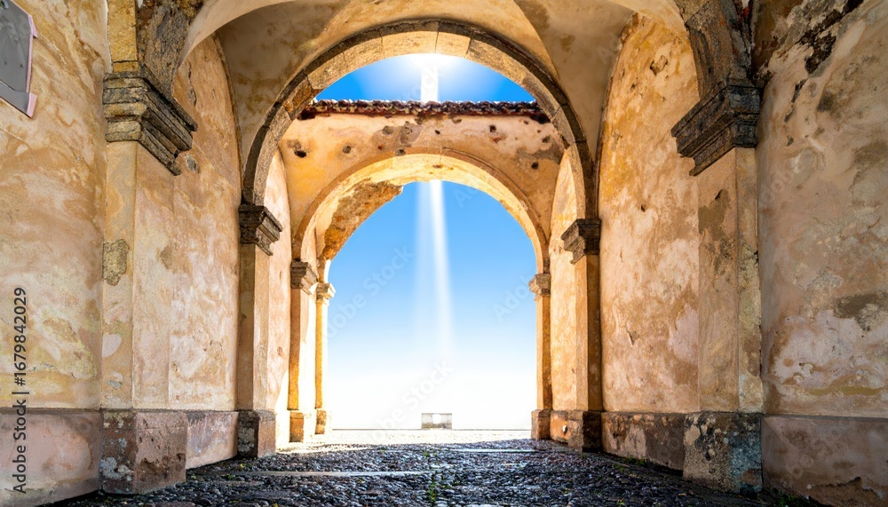 Fototapeta premium Sunlit Archway in Ancient Stone Corridor