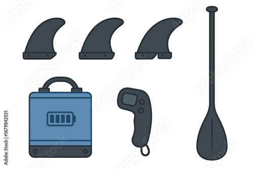 E-foil and electric surfboard equipment set. Vector icons of hydrofoil accessories including fins, battery pack, remote controller, and paddle. Flat cartoon design illustration.