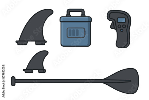 Vector set of electric hydrofoil surfboard accessories. E-foil equipment with fin, battery, remote controller and paddle. Watersport gear icon collection for surfing design.