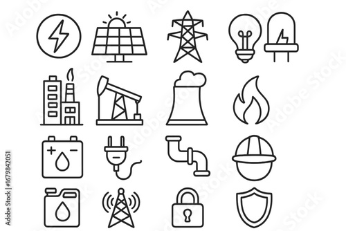 Energy and infrastructure line icon collection. Power industry vector symbols: electricity, solar panel, oil pump, nuclear plant, factory, battery, plug, safety, security, pylon.
