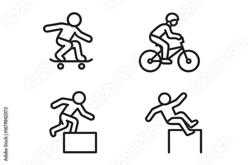 Extreme sports line icon set. Skateboarding, cycling, parkour linear vector collection. Action sport pictogram. Urban activity symbol. Freeride, BMX rider minimalist icons.