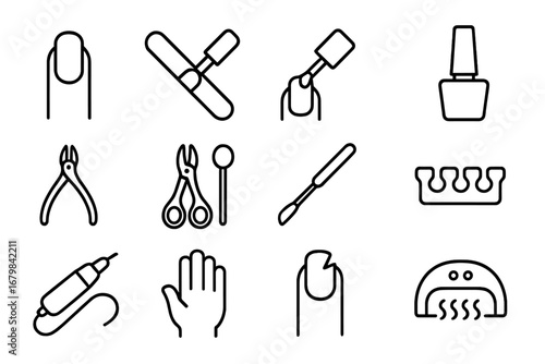 Manicure and pedicure line icon set. Nail salon tools and beauty care equipment. Nail polish, file, uv gel lamp, nippers, scissors vector icons for web, apps.