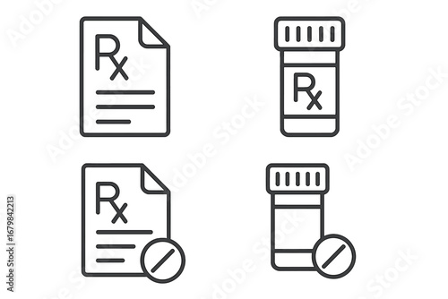 Medical prescription Rx symbol, pill bottle, and medicine vector line icon set. Pharmacy, healthcare, and drug store theme. Editable stroke for web, apps, and print design.