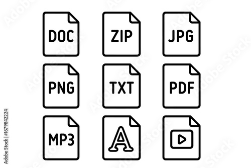 File format outline icon set. Linear document and media type symbols for web and digital use. Vector collection of data extensions like PDF, DOC, JPG, PNG, ZIP, MP3 and video.