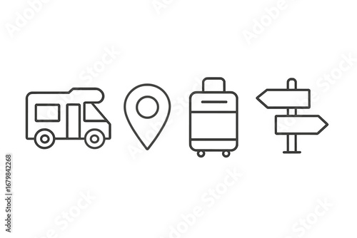 Motorhome, map pin, baggage, direction pointer collection of thin line icons. Editable stroke. For web, apps. Travel, vacation, road trip, journey, tourism, camping, adventure concept.