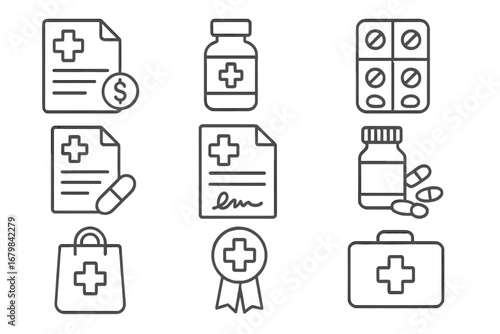 Medical prescription simple line icons collection. Pharmacy and healthcare vector symbols. Medicine bottle, pills, first aid kit, drugstore outline icon set. Editable stroke.
