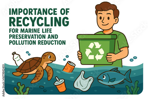 Recycling for marine life preservation and ocean pollution reduction. Man with recycling bin cleaning the sea from plastic waste. Environmental conservation concept with turtle & fish.