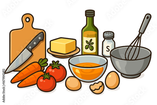 Cooking ingredients and kitchen tools for preparing a recipe. Vector concept of a culinary process with fresh vegetables, eggs, butter, olive oil, and utensils. Healthy food.