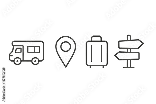 Travel and road trip icon set with motorhome, map pin, luggage, and signpost. Vector line art symbols for vacation, adventure, tourism, and navigation. Editable stroke.