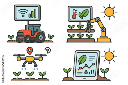 Smart farming technology vector icon set. Agriculture innovation concept with autonomous tractor, drone, robotic arm, and tablet. Agri-tech automation cartoon illustration.