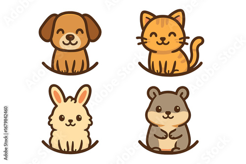 Set of cute kawaii pet animals. Cartoon dog, cat, rabbit, and hamster characters. Vector logo illustration collection for kids, pet shop, or veterinary clinic design.