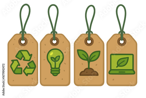 Eco-friendly tags with sustainability icons. Green concept symbols for recycling, environment, nature, and clean technology. Vector illustration collection of cardboard labels.