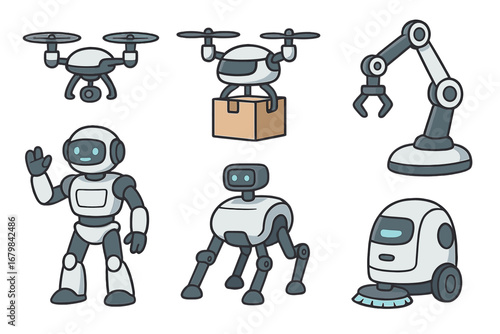 Robotic technology vector set. Features delivery drone with box, industrial robotic arm, friendly humanoid, robot dog and automated floor cleaner. AI automation concept icons.