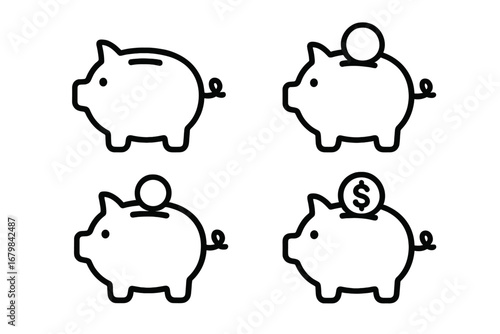 Piggy bank line icon set. Editable stroke vector illustration for finance, savings, investment, and budget concepts. Money box with coin and dollar symbol for deposit.