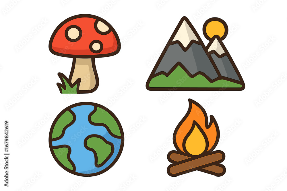 Fototapeta premium Nature and outdoor adventure icon set. Includes mushroom, mountain, planet earth, and bonfire symbols. Vector concepts for camping, hiking, ecology, and exploration.