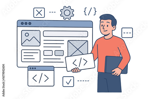 Web UI UX design and coding development concept. Programmer character with laptop creating website interface. Software engineering, app development, front-end code vector cartoon.