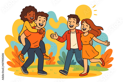 Happy diverse friends and couples enjoying a playful moment outdoors. Man giving piggyback ride to woman. Joyful group together in summer park. Vector cartoon illustration.